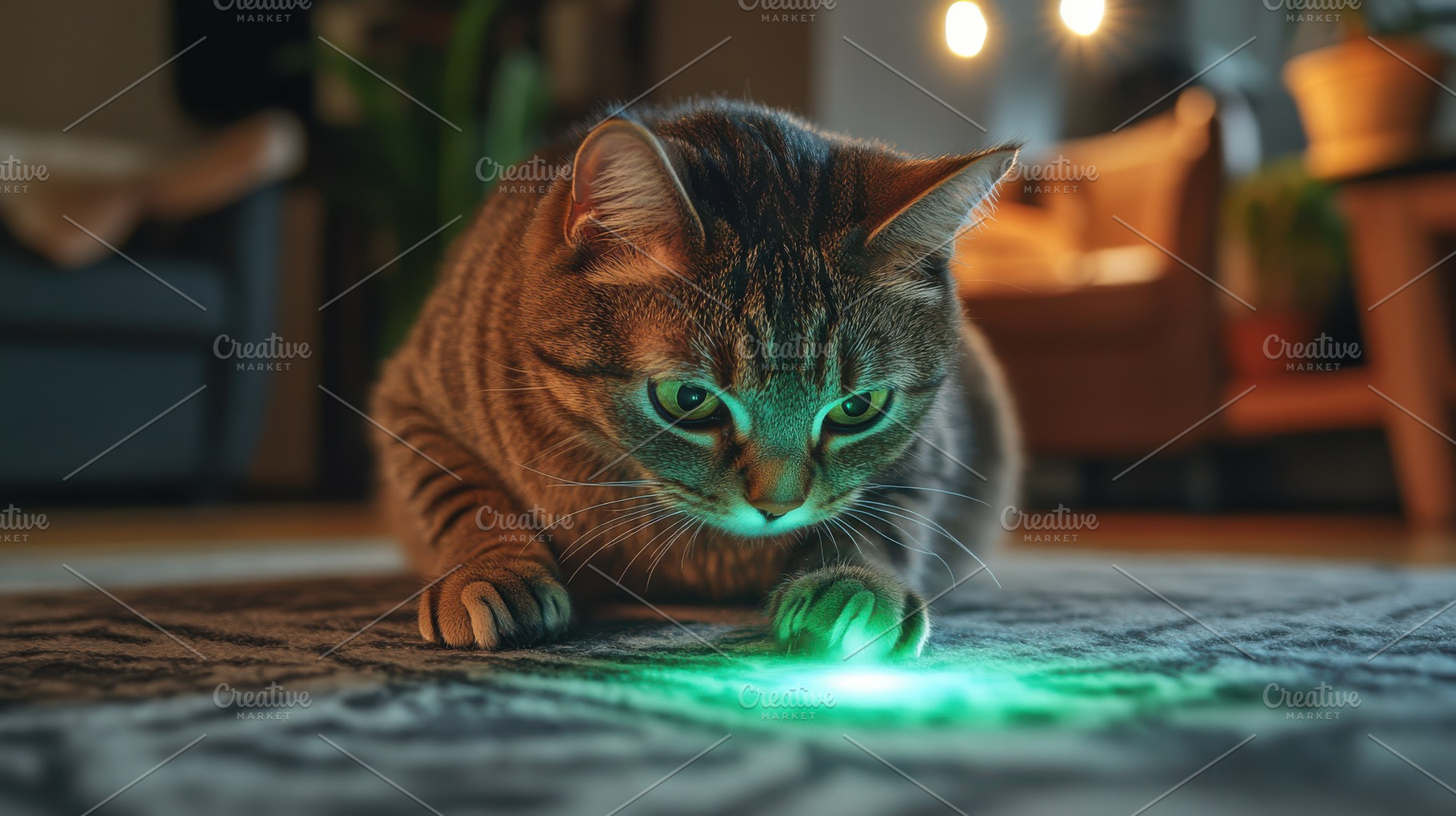 Focused feline with green laser toy, an Animal Photo by Pixeness Studio