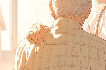 Doctor offering support to a senior patient with compassion in a sunny clinic, an Illustration by AS photostudio