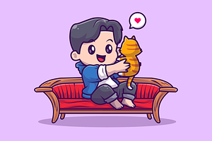 Cute Boy Playing With Cat On Sofa, a Person Illustration by Catalyst Labs