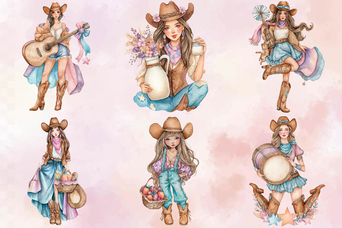 Watercolor Cute Cowgirl Clipart Bund, an Illustration by SVGArt (Photo 6 of 9)
