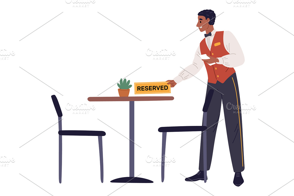Waiter puts sign reserved for table, a Food Illustration by Vectorbuum