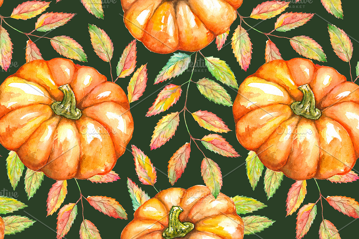 Pumpkin rowan leaf seamless pattern, a Pattern Graphic by Art By Silmairel (Photo 1 of 2)