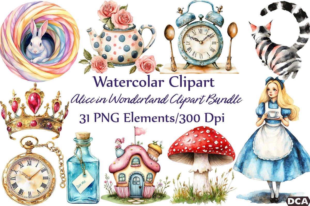 Alice in Wonderland Clipart, an Illustration by DreamCafeArt (Photo 1 of 7)