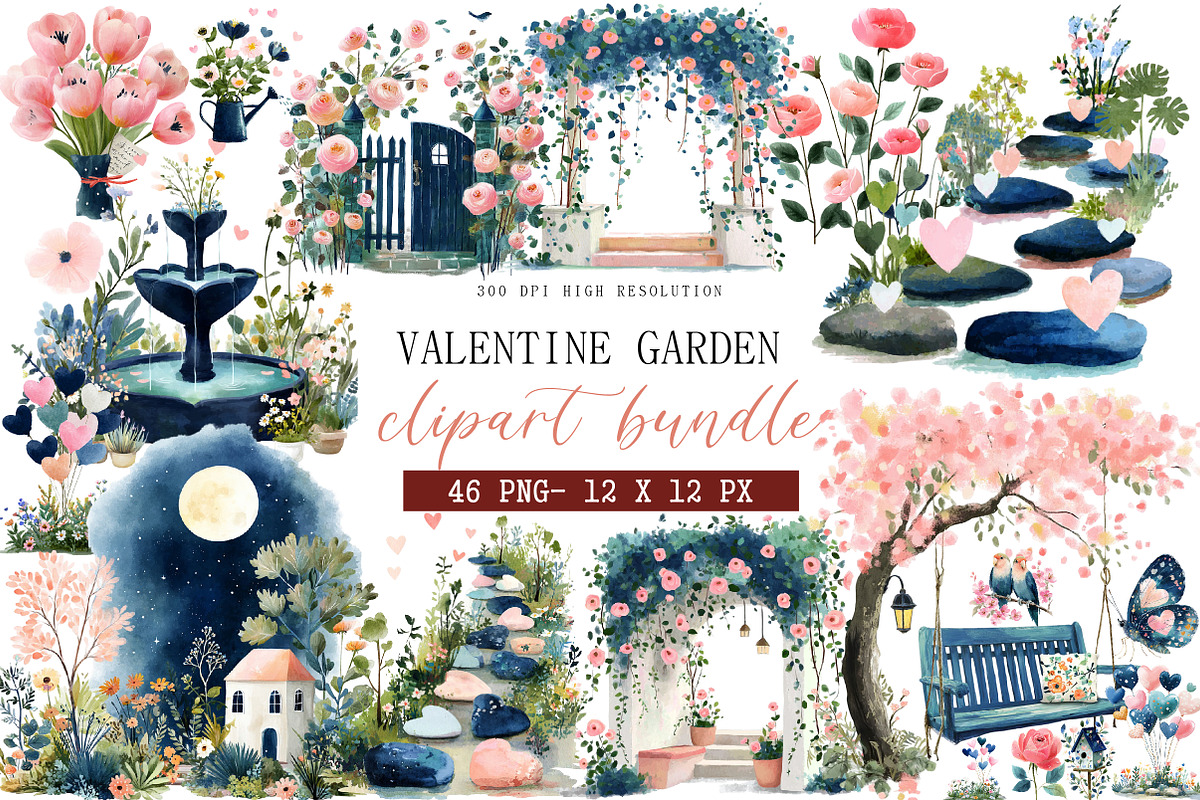 Valentine Garden Watercolor Clipart, an Illustration by DreamArtGraphic (Photo 1 of 4)
