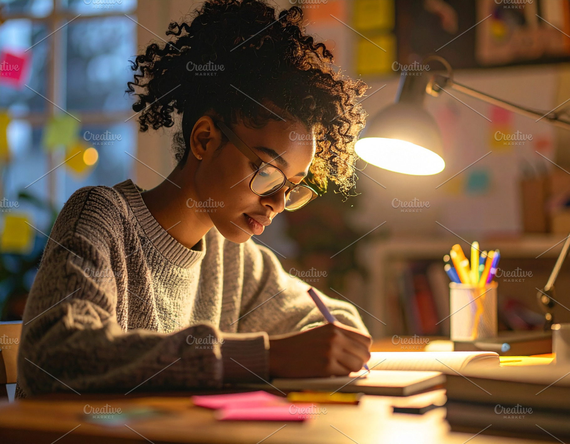 Teenager at a desk with a notebook, post-it notes, and highlight, a School & Education Photo by DanFLCreativo
