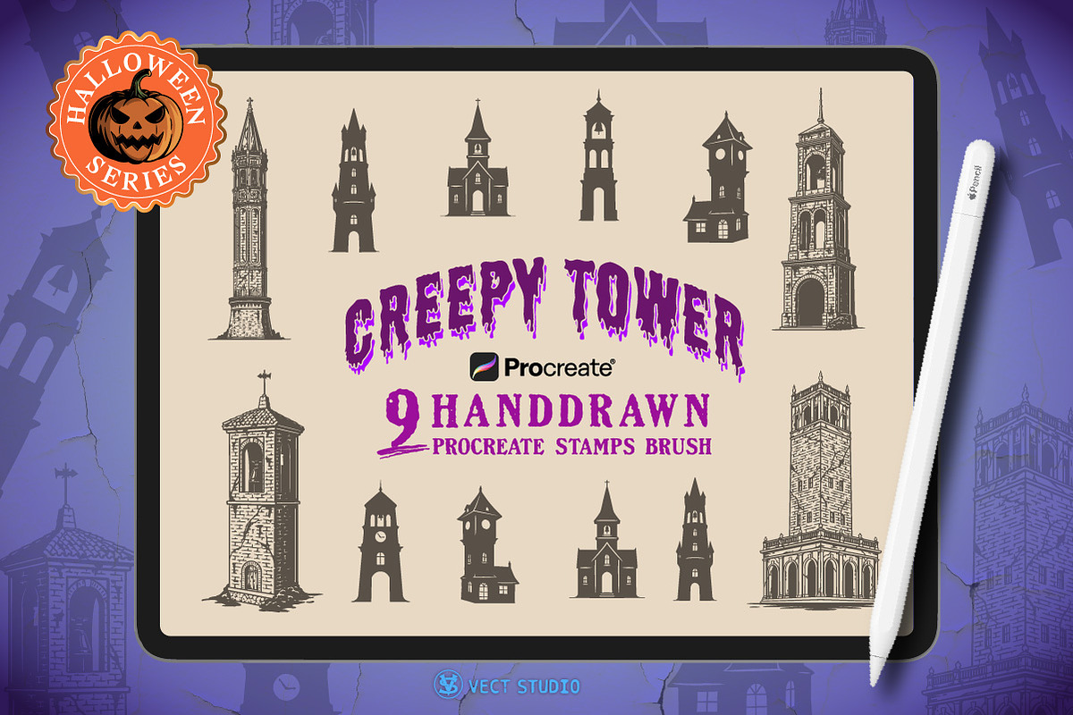 9 Creepy Tower Stamp Brushes, a Brush Add-On by vectstudio (Photo 1 of 10)