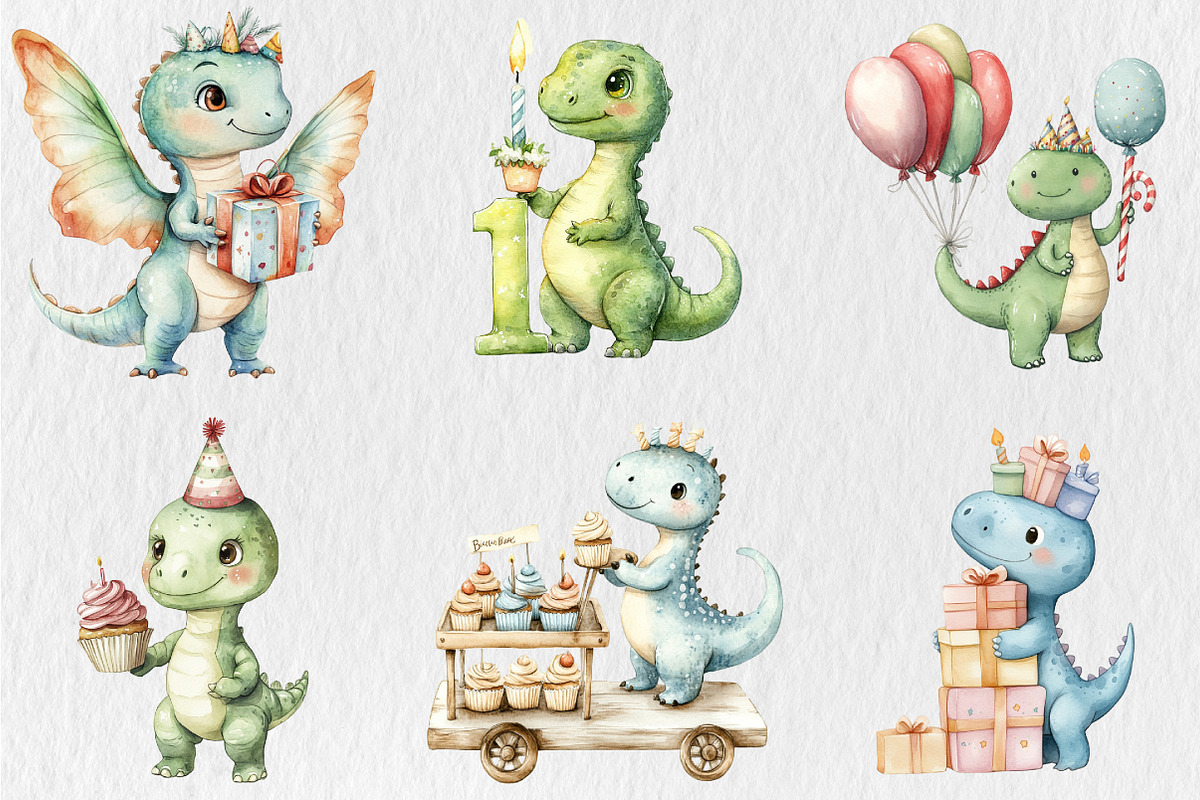 Cute Dinosaur Birthday Watercolor, a Seasonal Illustration by Rose Art (Photo 4 of 4)