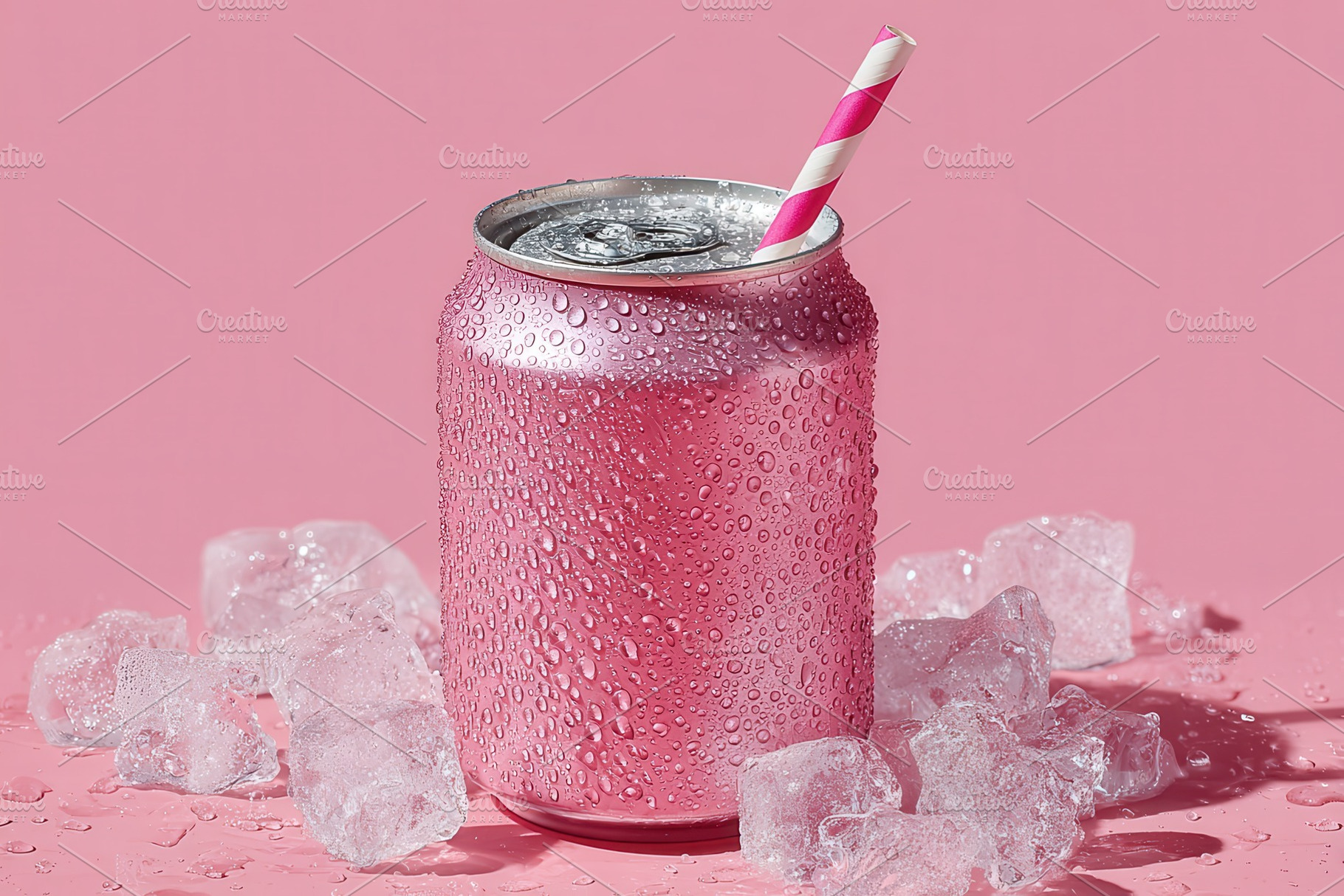 Pink soda can with ice cubes and str, an Arts & Entertainment Photo by Pixeness Studio