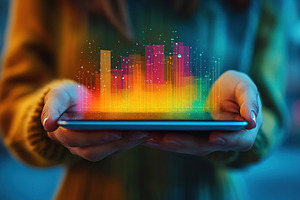 Businesswoman holding tablet pc with growing and glowing bar chart, a Photo by AlyaAnd