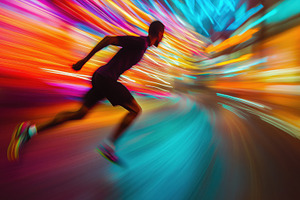 A dynamic silhouette of a runner in motion, set against a vibrant, blurred back, a Person Photo by Textures & Backgrounds