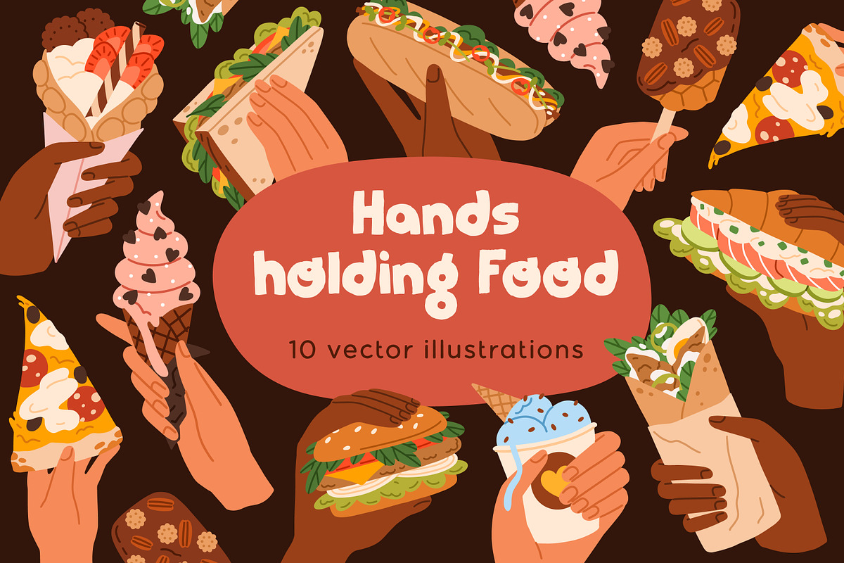 Hands holding fast food, snacks set, a Food Illustration by Good Studio, image size:1200x800