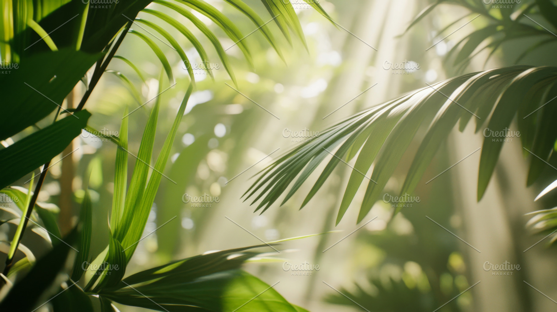 Lush green tropical palm leaves with, a Photo by Dvoevnore photos