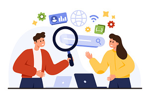 Teamwork Analyzing Search Engine, a Technology Illustration by Flashvector
