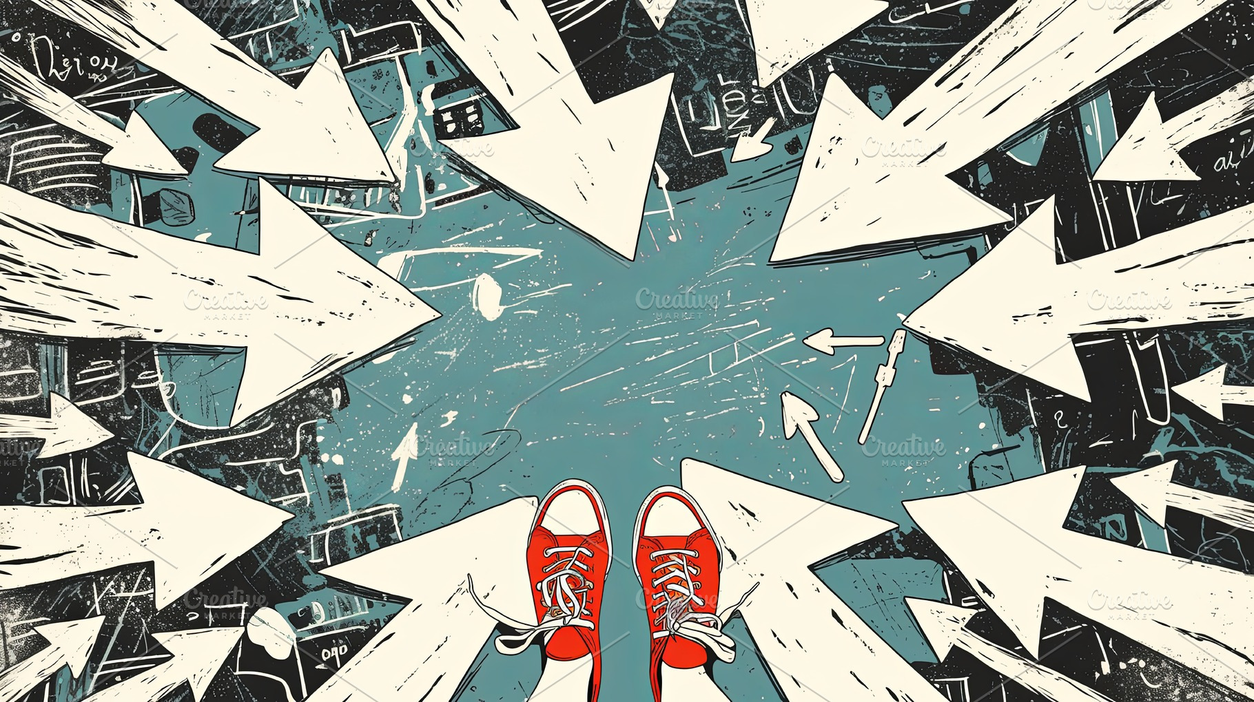 Abstract illustration of decision-making with arrows and red sneakers., a Photo by AS photostudio