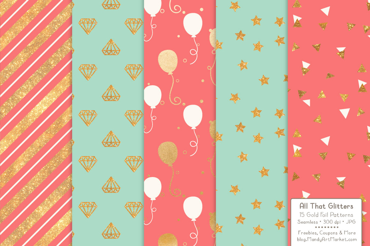 Mint & Coral Gold Foil Digital Paper, a Pattern Graphic by Amanda Ilkov (Photo 2 of 4)