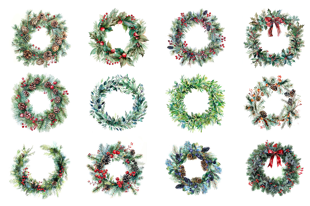 Watercolor Christmas wreaths PNG, a Decorative Illustration by dashtik (Photo 4 of 5)