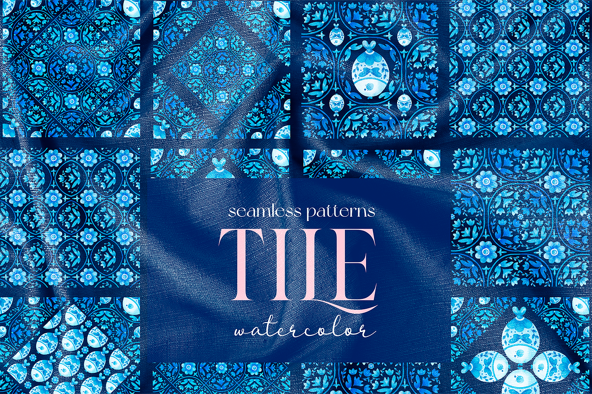 Watercolor blue tile patterns, a Decorative Illustration by Ojeny shop (Photo 3 of 8)