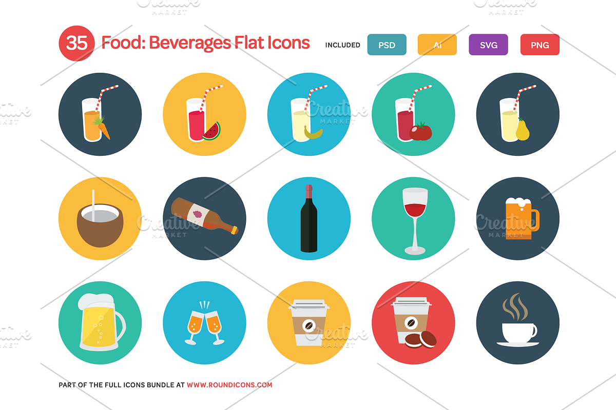 Food: Beverages Flat Icons Set preview 3