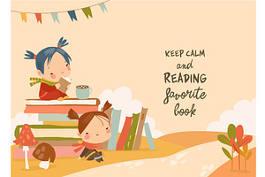 Cute Girl sitting on Stack of Book, a Person Illustration by Maria Starus
