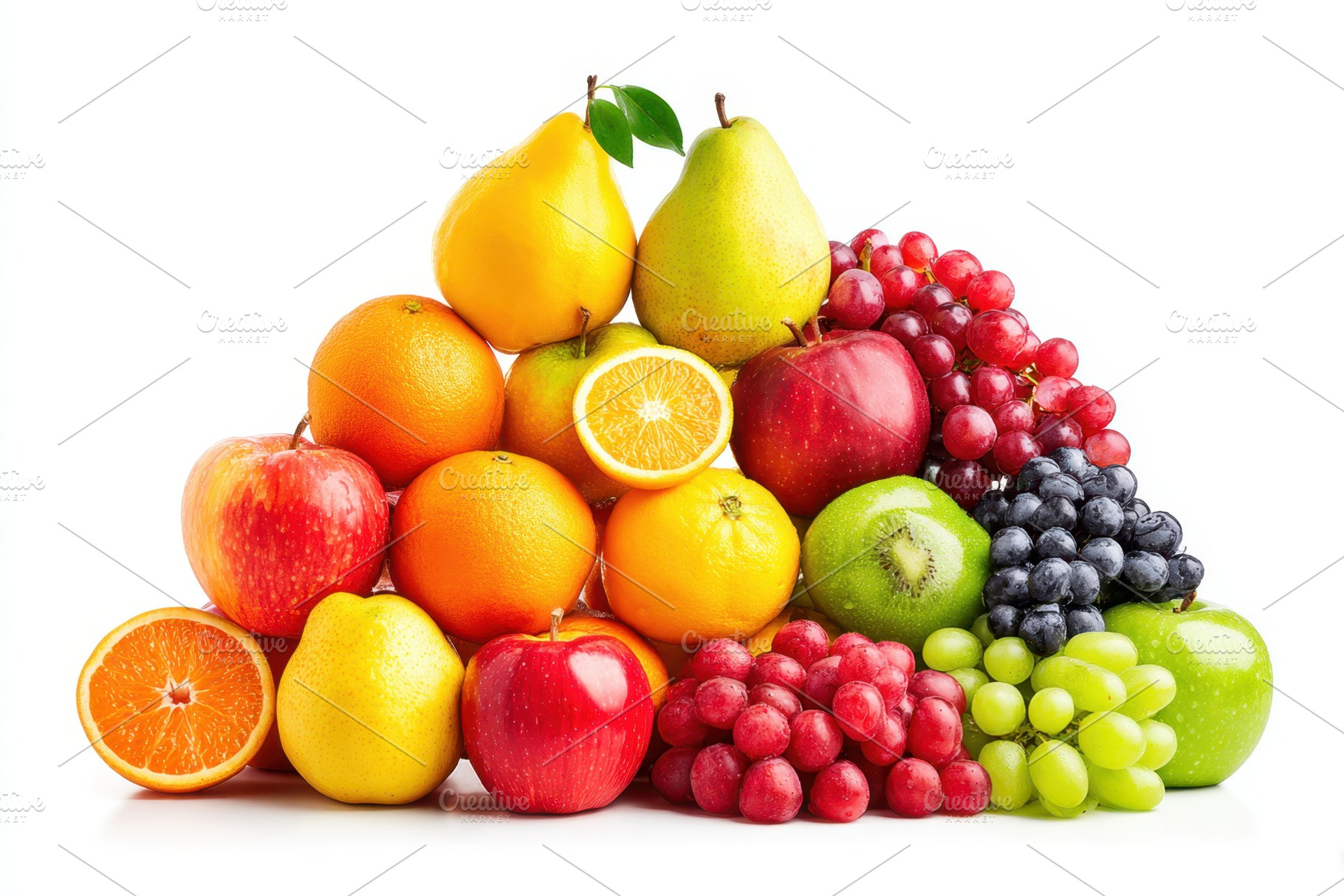 Assorted fruit pyramid on white background, a Food & Drink Photo by AlyaAnd