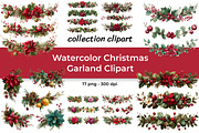 Watercolor Christmas Garland Clipart, a Decorative Illustration by InkyQueenArt (Thumbnail 1 of 5)