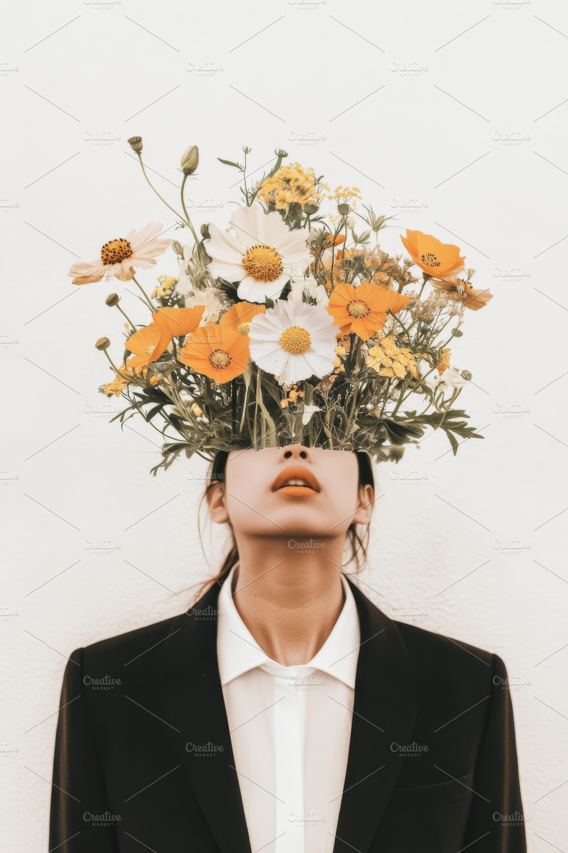 Woman with floral headpiece in styli, a Photo by Dvoevnore photos