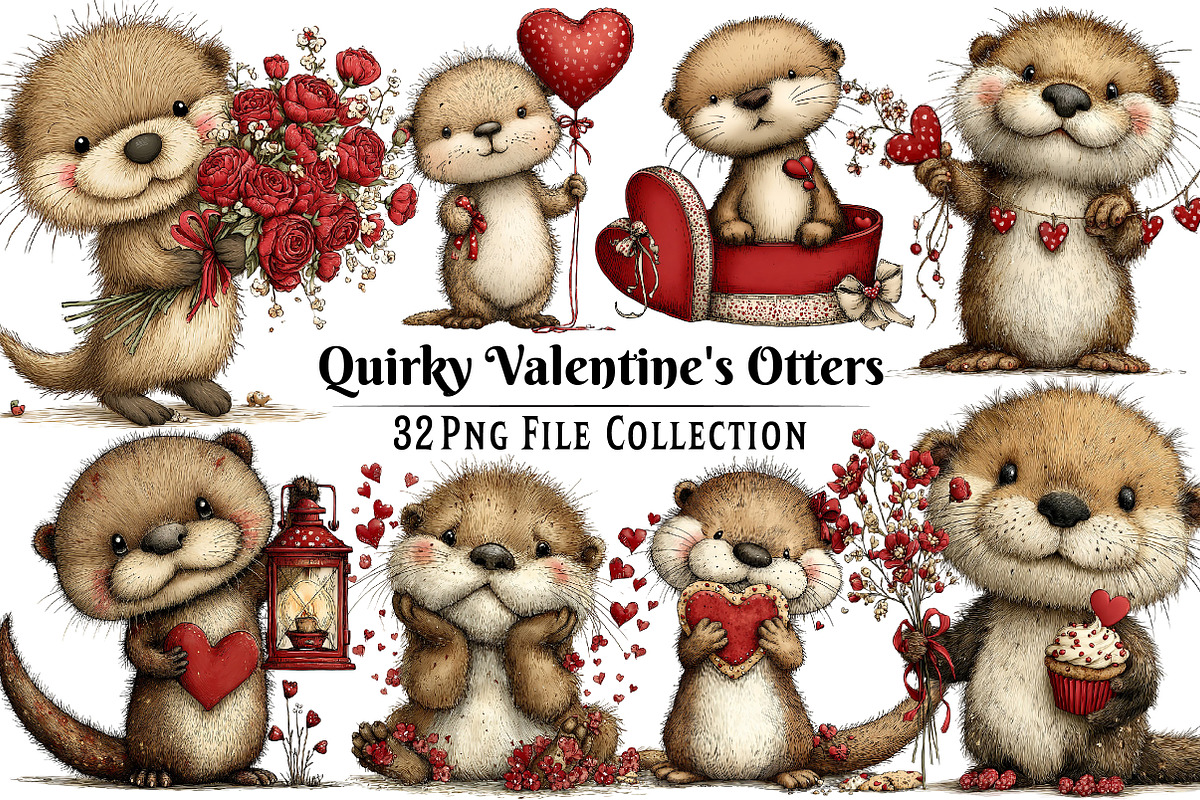 Quirky Valentine's Otters Clipart, an Illustration by Dream Creation (Photo 1 of 7)