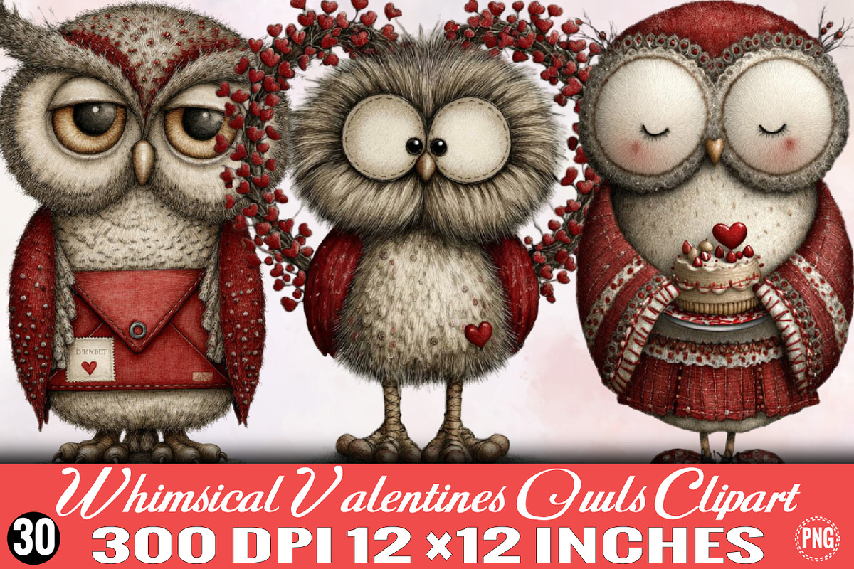 Whimsical Valentines Owls Clipart B, an Illustration by SVGArt (Photo 1 of 8)
