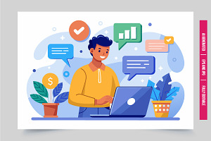 Smiling man laptop growth symbols, an Illustration by Tanuart