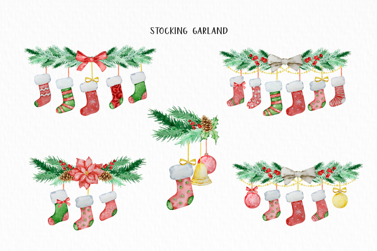 Watercolor Christmas Stocking Set, a Seasonal Illustration by SvetaArtStore (Photo 3 of 10)
