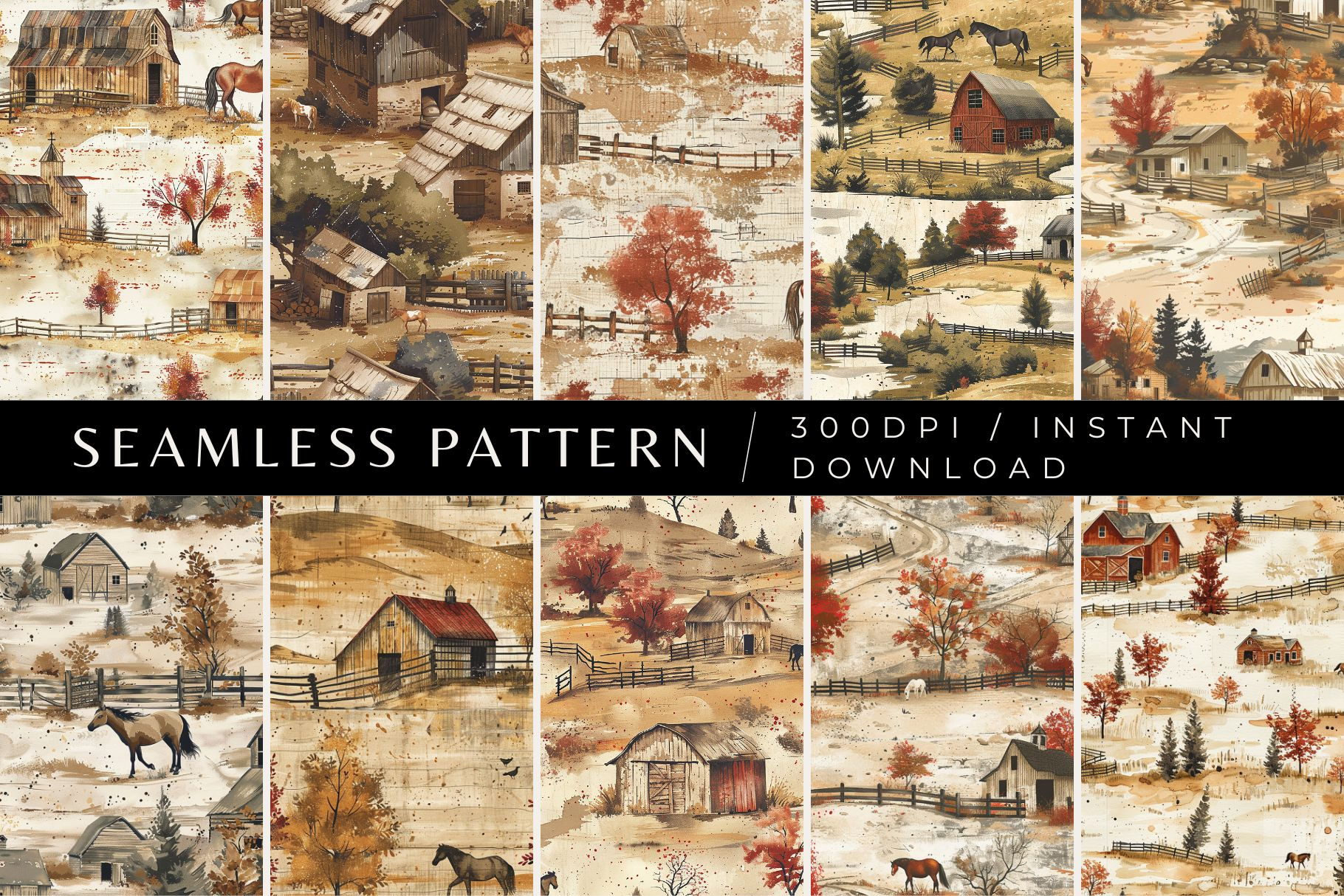 10 Horse Ranch Seamless Patterns, a Pattern Graphic by Inknfolly