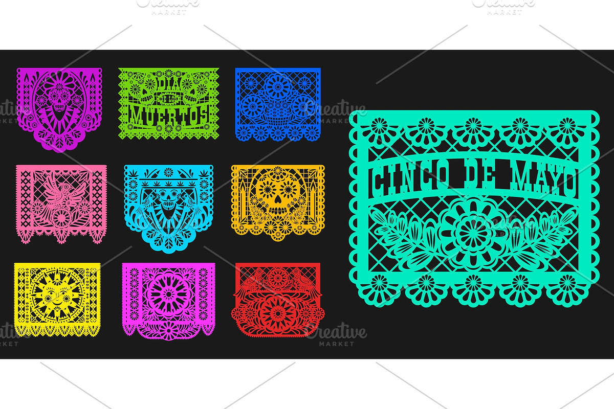 Mexican papel picado paper cut flags, a Decorative Illustration by Vector Tradition