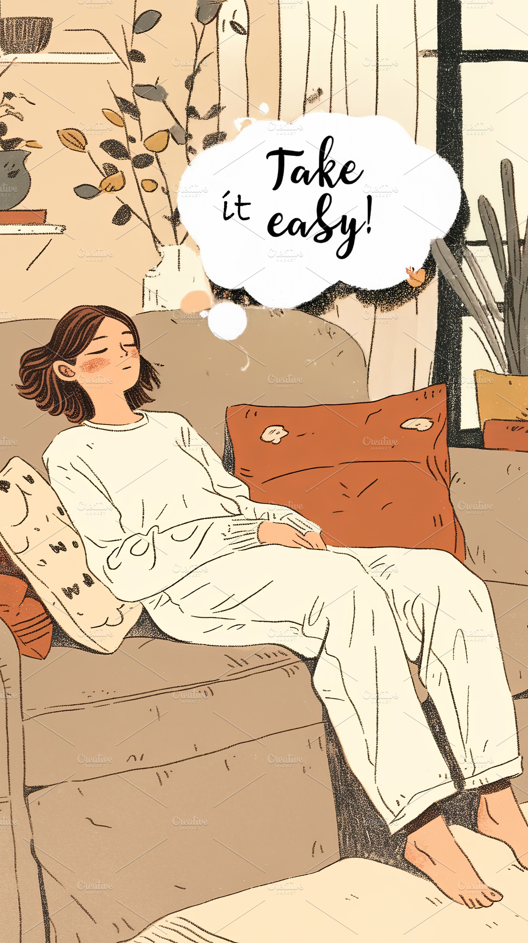 Relaxed woman enjoying a serene moment on a cozy couch at home, a Photo by AS photostudio
