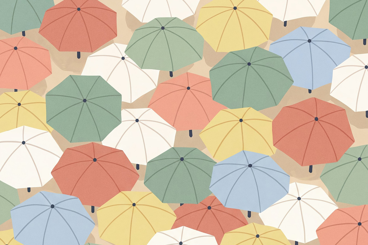 Woman surrounded colorful umbrellas, a Decorative Illustration by Virgo Studio