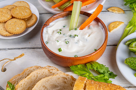 Cottage cheese dip with vegetables and crackers, a Food & Drink Photo by Rimma