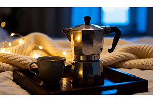 Cozy morning scene with moka pot and, a Food & Drink Photo by tilialucida