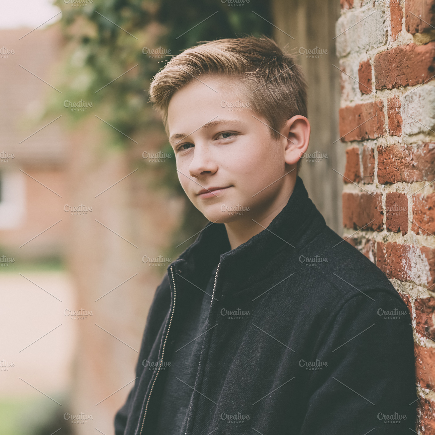 Young blonde boy standing outdoors, looking forward, leaning aga, a Person Photo by Studio ANNA