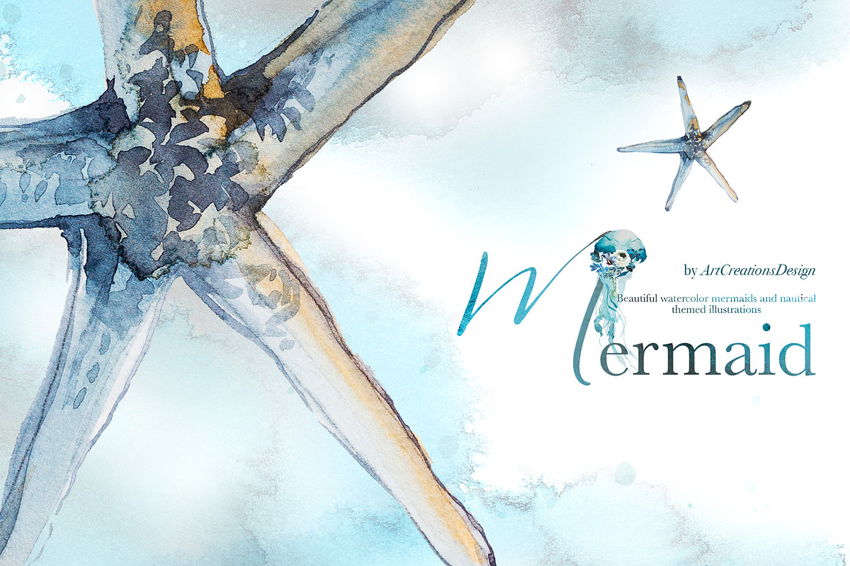 Hand-Painted Mermaid Clipart Set, a Person Illustration by ArtCreationsDesign (Photo 15 of 24)