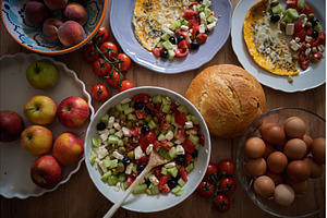 Omelet with Greek salad and fresh, a Food & Drink Photo by HalfPoint
