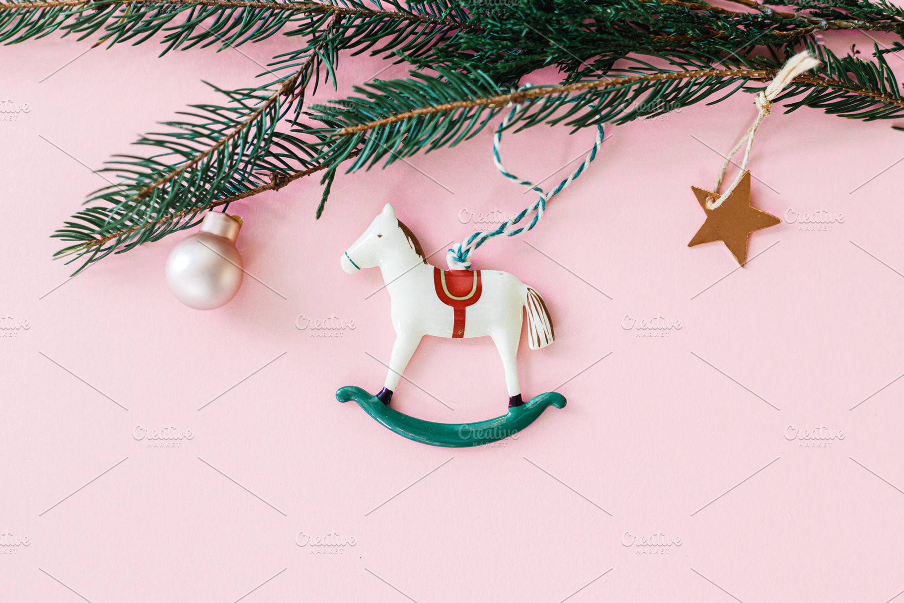 Happy New Year 2026 ! Horse christmas toy on pink flat lay with, a Holiday Photo by Sonjachni