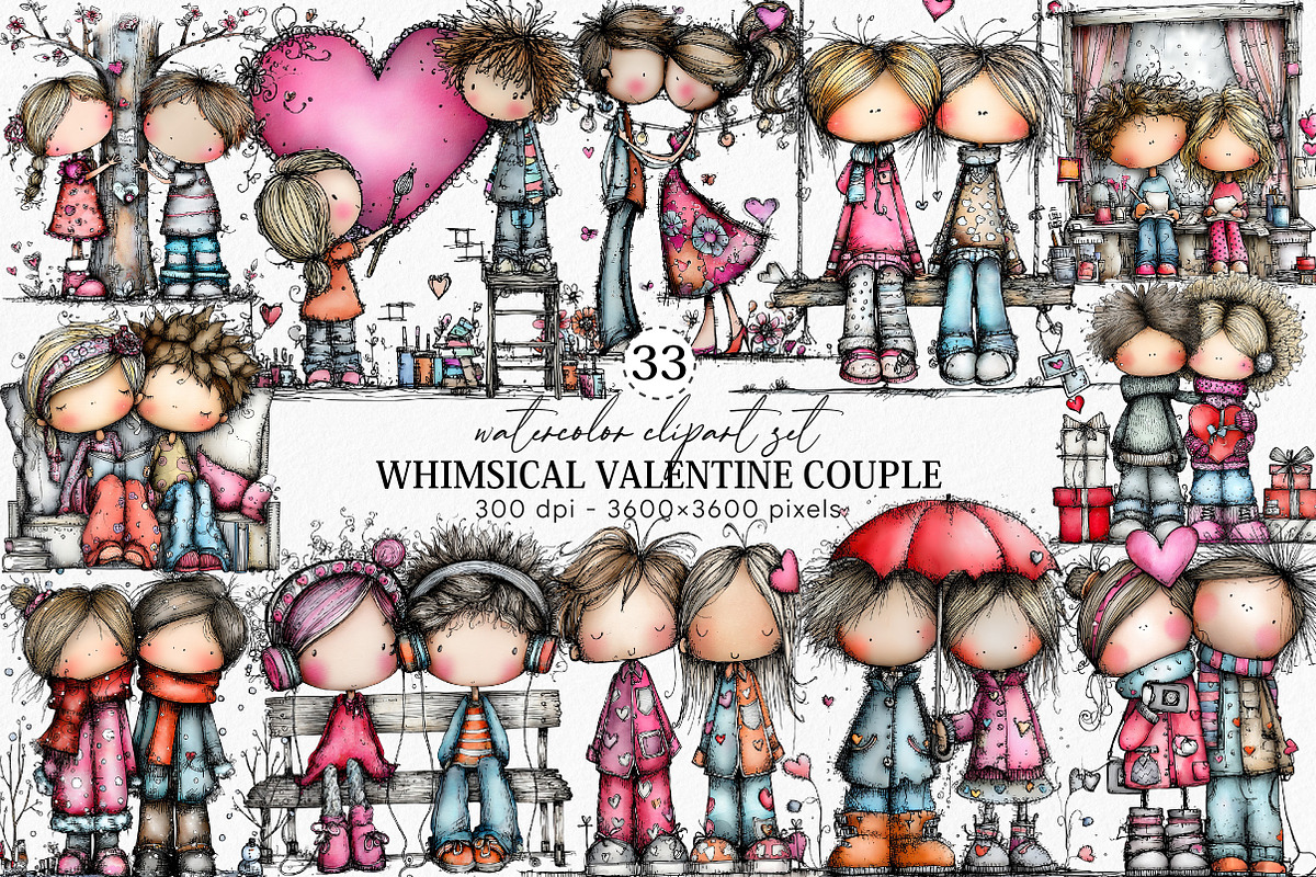 Whimsical Valentine Couple Clipart, an Illustration by Canvas Craft (Photo 1 of 6)