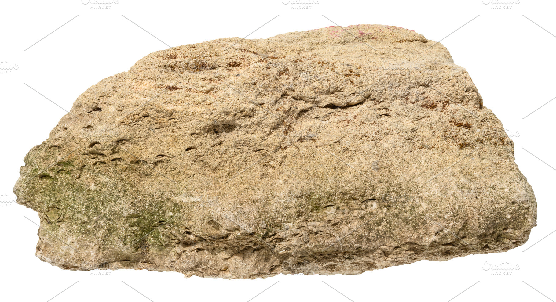 Rough natural stone with uneven surface and moss, isolated backg, an Abstract Photo by ndanko