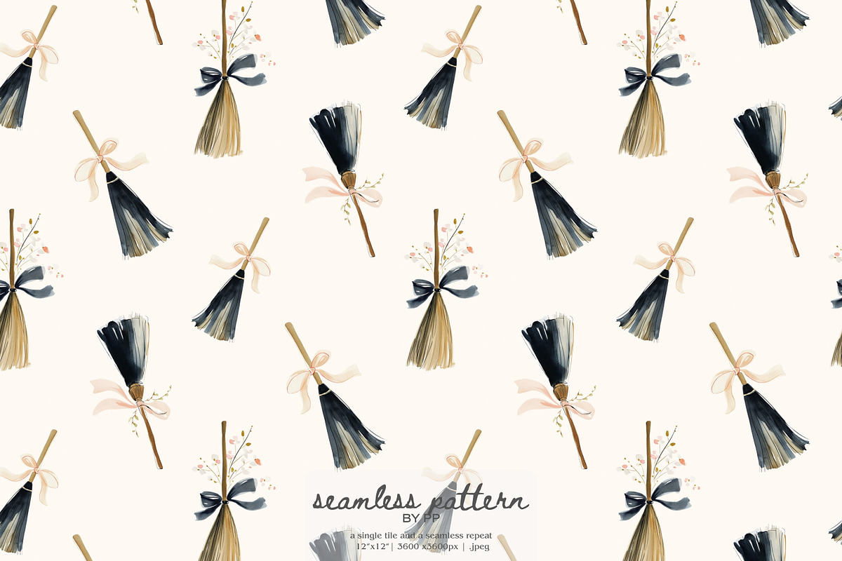witch broom seamless pattern, a Pattern Graphic by Pink Studio Art (Photo 1 of 4)