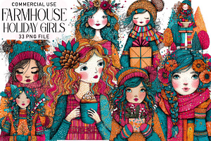 Farmhouse Holiday Girls Clipart, an Illustration by Daily.Designs