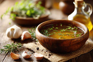 Warm organic soup served in a rustic handmade ceramic bowl with fresh herbs and, a Food & Drink Photo by AlyaAnd