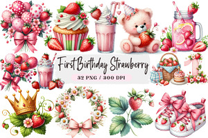 First Birthday Strawberry Watercolor, an Illustration by DreamArtGraphic