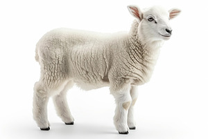 A fluffy white lamb stands gracefully against a plain white background, exuding, an Animal Photo by ImageMir