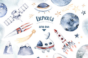 Watercolor Space Explorers. Kids Set