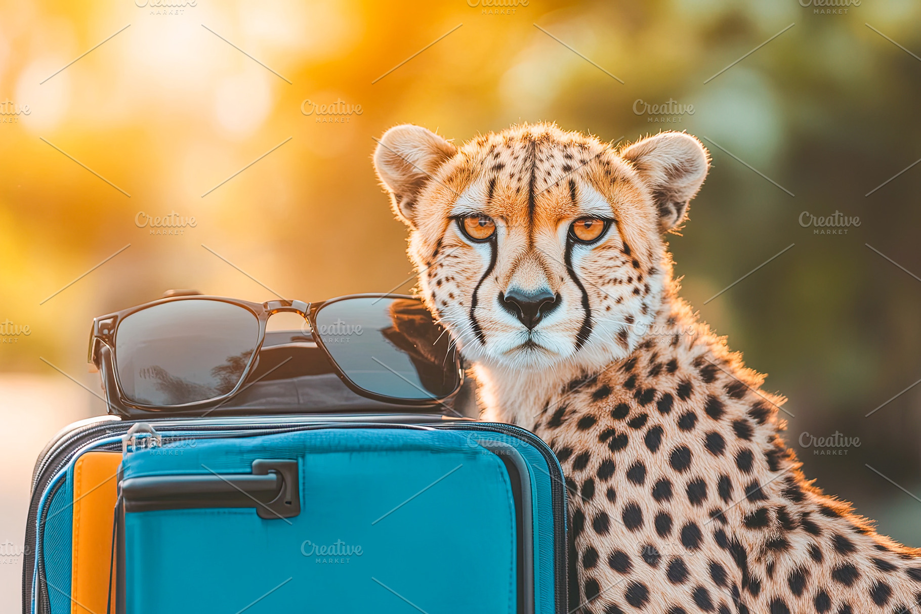 Cheetah with Suitcase and Sunglasses in Sunset Light, an Animal Photo by Ales Munt