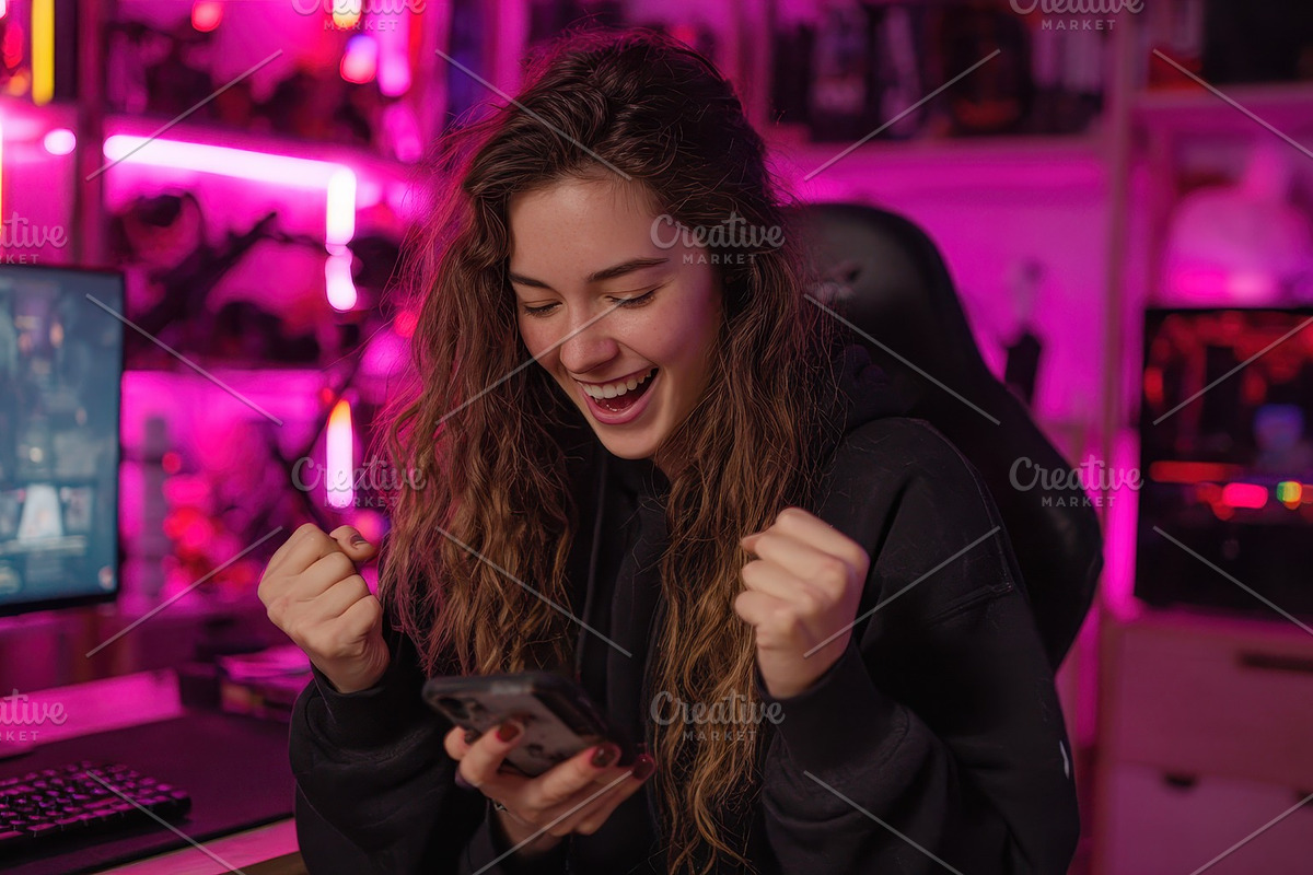 Excited gamer girl celebrating mobil, a Photo by Pixeness Studio (Photo 2 of 2)